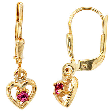 Kinder Boutons Herz 333 Gold Gelbgold 2 Glassteine rosa rosé Ohrringe Ohrhänger