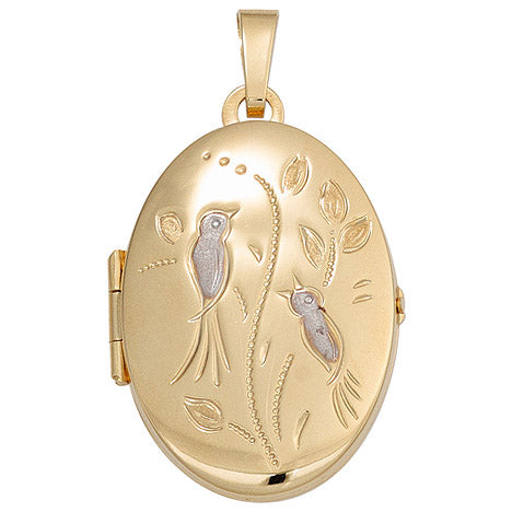 Medaillon Vögel oval für 2 Fotos 333 Gold Gelbgold matt Anhänger zum Öffnen