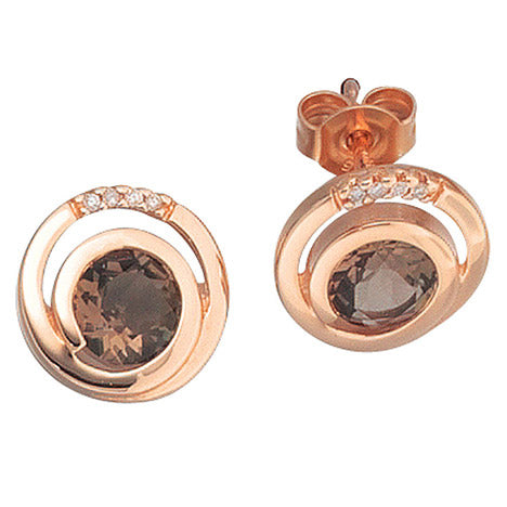 Ohrstecker rund 585 Gold Rotgold 8 Diamanten Brillanten 2 Rauchquarze braun Ohrr