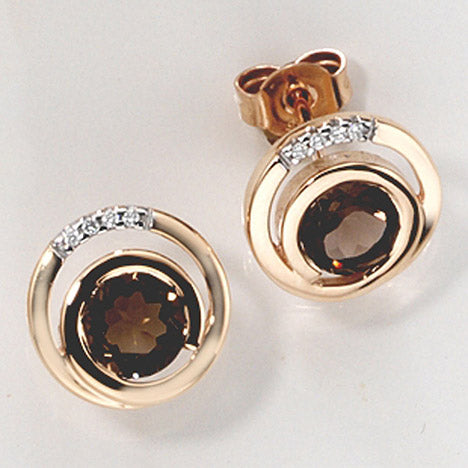 Ohrstecker rund 585 Gold Rotgold 8 Diamanten Brillanten 2 Rauchquarze braun Ohrr