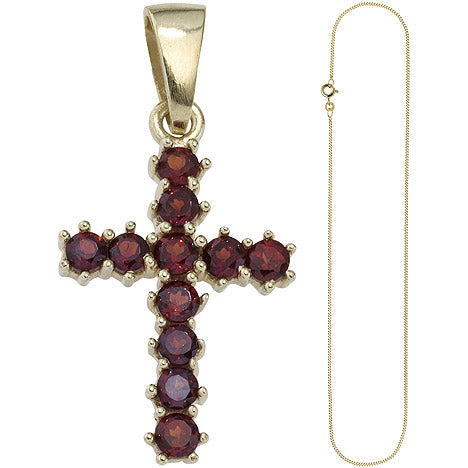 Anhänger Kreuz 333 Gold Gelbgold 11 Granate rot mit Kette 50 cm