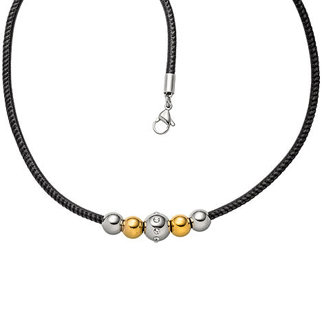 Collier Kette mit Anhänger Kugeln Edelstahl bicolor 8 Zirkonia Lederband 42 cm
