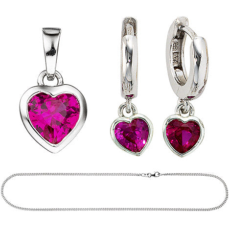 Kinder Mädchen Schmuck-Set Herz pink rosa 925 Silber Zirkonia mit Kette 42 cm