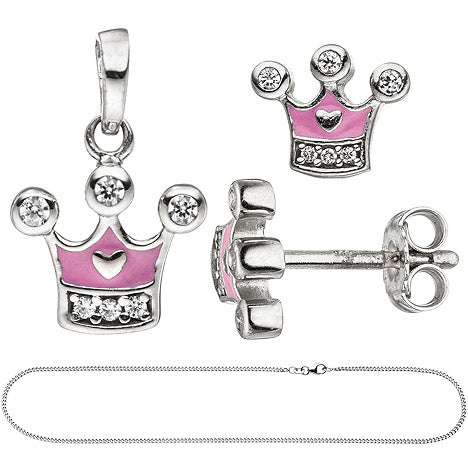 Kinder Mädchen Schmuck-Set Krone pink rosa 925 Silber Zirkonia mit Kette 38 cm
