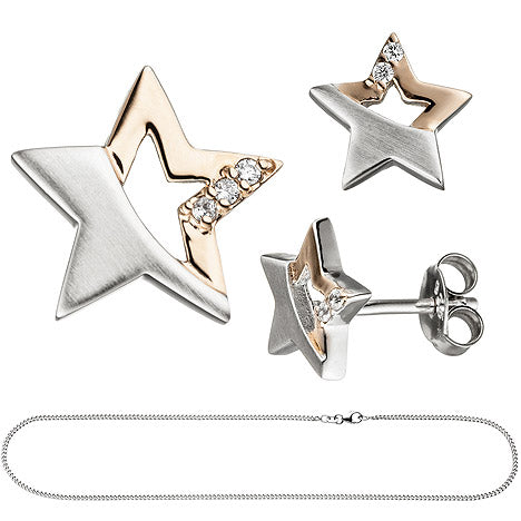 Kinder Schmuck-Set Stern 925 Silber rosegold vergoldet Zirkonia mit Kette 38 cm