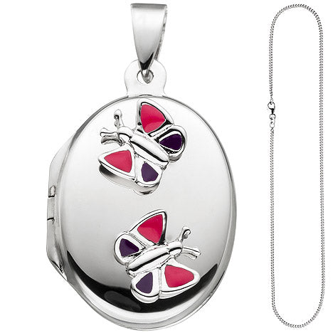 Medaillon Schmetterling Anhänger für 2 Fotos oval 925 Silber mit Kette 42 cm