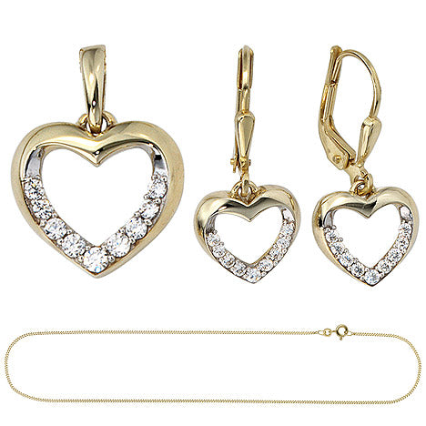 Schmuck-Set 333 Herz Gold Gelbgold Zirkonia Ohrringe Anhänger und Kette 42 cm