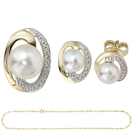 Schmuck-Set 585 Gelbgold bicolor 3 Perlen 4 Diamanten Ohrringe und Kette 42 cm