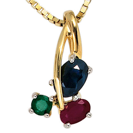 Anhänger 585 Gold Gelbgold bicolor 1 Rubin 1 blauer Safir 1 Smaragd