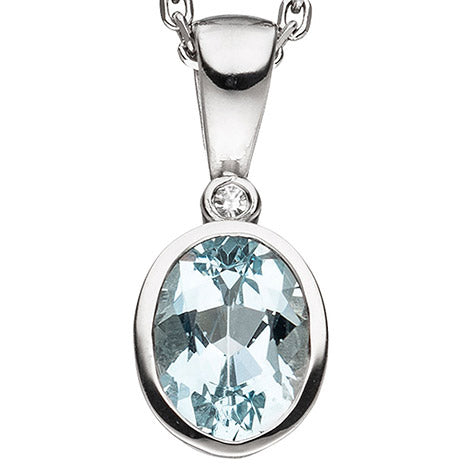 Anhänger oval 585 Gold Weißgold 1 Aquamarin blau hellblau 1 Diamant 0 01ct.