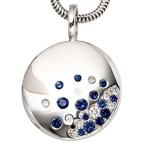 Anhänger rund 585 Gold Weißgold 10 Diamanten Brillanten 0 10ct. 14 blaue Safire