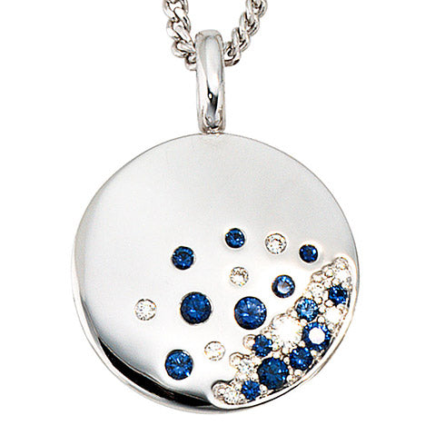 Anhänger rund 585 Gold Weißgold 10 Diamanten Brillanten 0 10ct. 14 blaue Safire