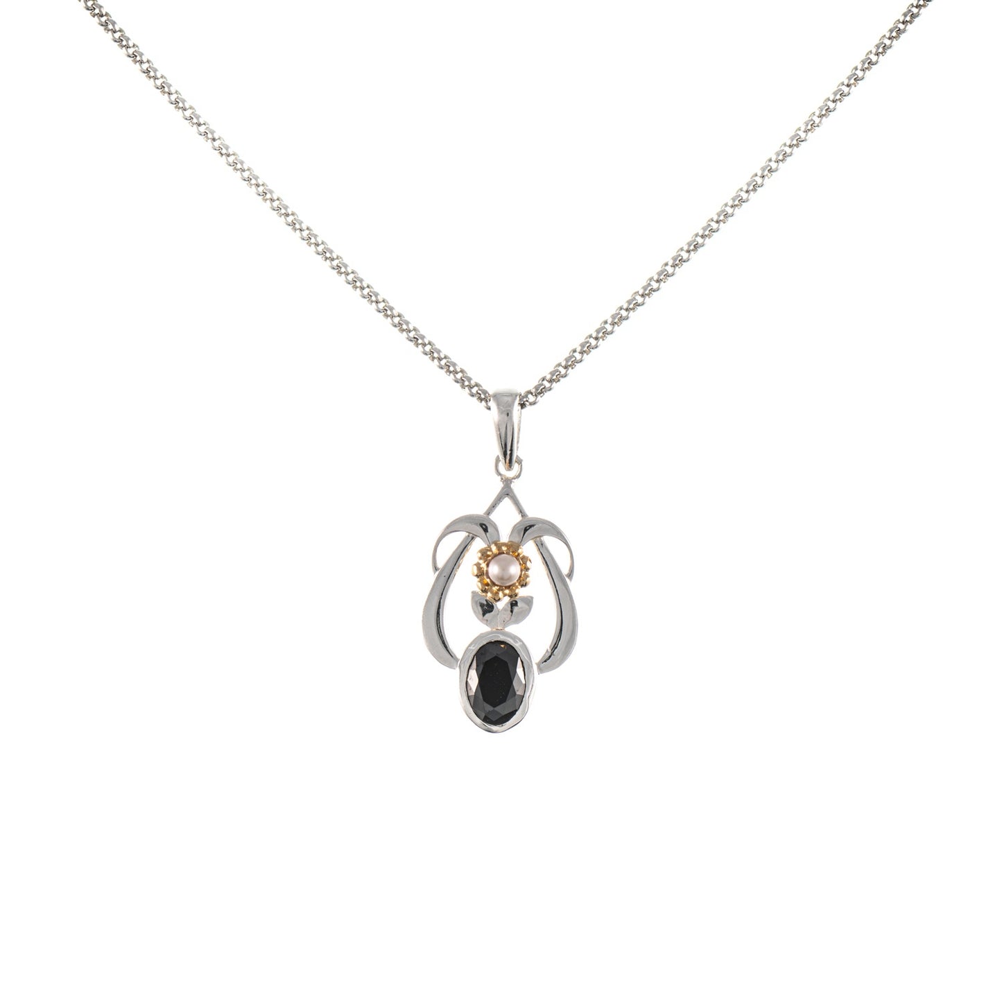 Anhänger mit Kette 925 Silber teilvergoldet Zirkonia schwarz Perle