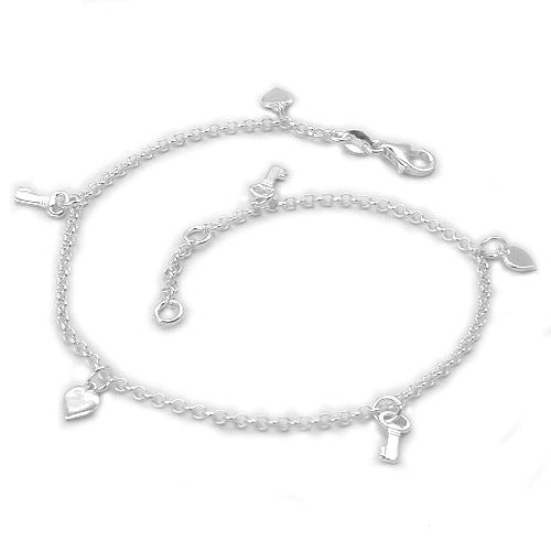 Fußkette Anker Herz/Schlüssel Silber 925