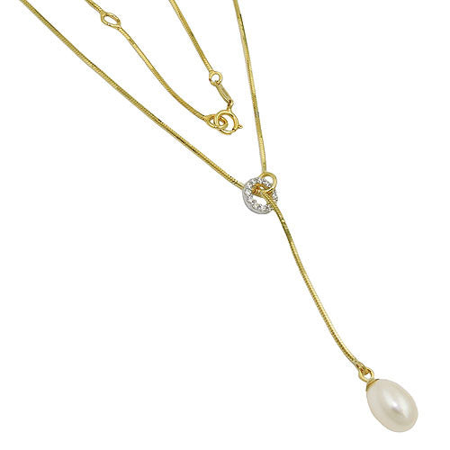 Kette Schlangenkette Y-Kette Collier Zuchtperle Zirkonia Gold 375 45cm