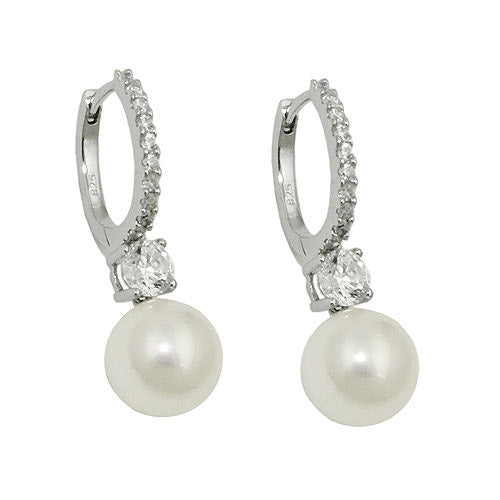 Creolen Zirkonia weiss mit Imitatperle 10mm rhodiniert Silber 925