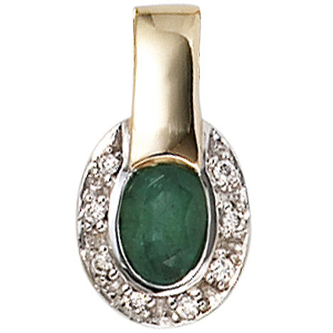 Anhänger oval 585 Gold Gelbgold bicolor 8 Diamanten Brillanten 1 Smaragd
