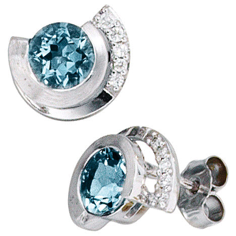 Ohrstecker 585 Gold Weißgold 2 Aquamarine blau 10 Diamanten Brillanten Ohrringe