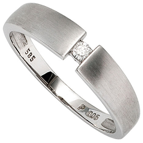 Damen Ring 585 Gold Weißgold matt 1 Diamant Brillant 0 05ct. Weißgoldring