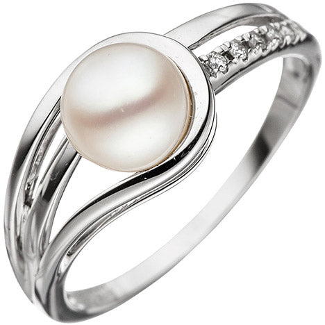 Damen Ring 585 Gold Weißgold 1 Süßwasser Perle 5 Diamanten Brillanten Goldring