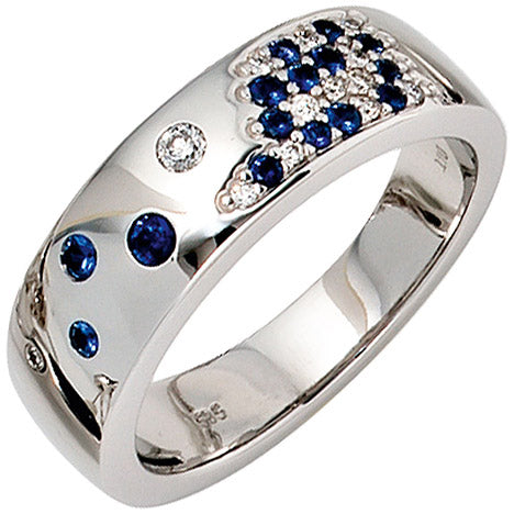 Damen Ring 585 Gold Weißgold 13 Diamanten Brillanten 0 10ct. 15 Safire blau