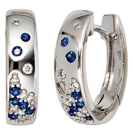 Creolen 585 Gold Weißgold 18 Diamanten Brillanten 14 Safire blau Ohrringe