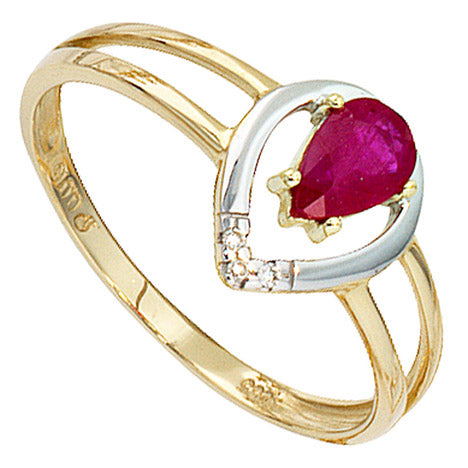 Damen Ring 585 Gold Gelbgold bicolor 1 Rubin rot 3 Diamanten Brillanten Goldring