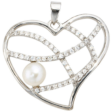 Anhänger Herz 925 Sterling Silber 1 Süßwasser Perle mit Zirkonia Perlenanhänger
