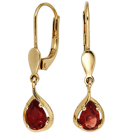 Boutons Tropfen 585 Gold Gelbgold 2 Granate rot Ohrringe Ohrhänger Goldohrringe
