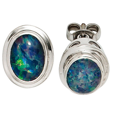 Ohrstecker oval 585 Gold Weißgold 2 Opaltripletten Ohrringe Goldohrstecker