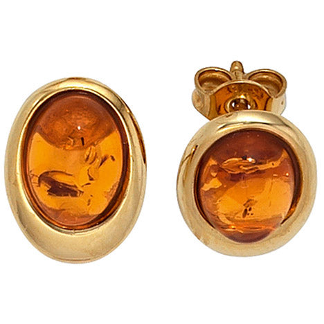 Ohrstecker oval 375 Gold Gelbgold 2 Bernsteine orange Ohrringe Bernsteinohrringe