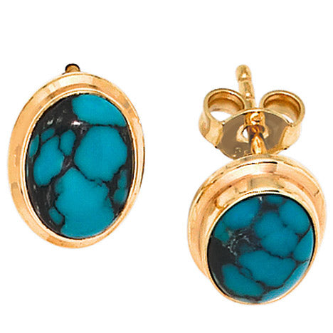 Ohrstecker oval 585 Gold Gelbgold 2 Türkise türkis Ohrringe Goldohrstecker
