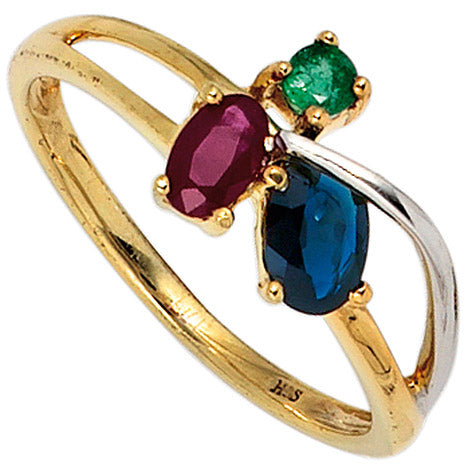 Damen Ring 585 Gold Gelbgold bicolor 1 Rubin 1 Safir 1 Smaragd Goldring