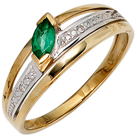 Damen Ring 585 Gold Gelbgold bicolor 1 Smaragd grün2 Diamanten 0 01ct. Goldring
