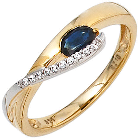 Damen Ring 333 Gold Gelbgold Weißgold 1 Safir blau 10 Zirkonia Goldring
