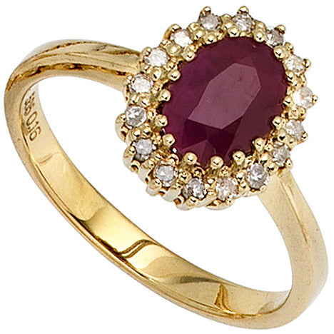 Damen Ring 585 Gold Gelbgold 1 Rubin rot 16 Diamanten 0 16ct. Goldring