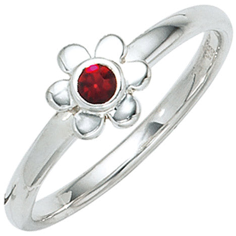 Kinder Ring Blume 925 Sterling Silber rhodiniert 1 Glasstein rot Kinderring