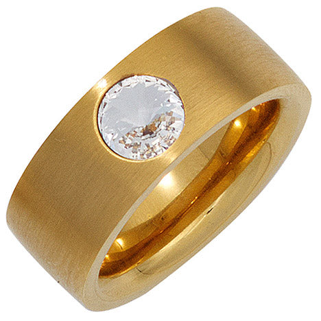 Damen Ring breit Edelstahl gold vergoldet mattiert mit SWAROVSKI® ELEMENT