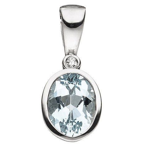 Anhänger oval 585 Gold Weißgold 1 Aquamarin blau hellblau 1 Diamant 0 01ct.