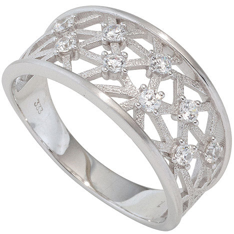 Damen Ring breit 333 Gold Weißgold mattiert 9 Zirkonia Goldring Weißgoldring