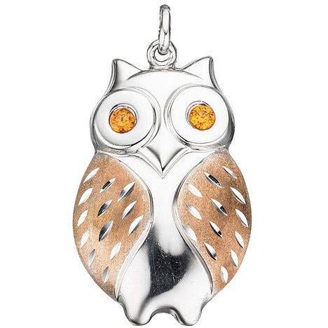 Anhänger Eule 925 Sterling Silber rotgold vergoldet bicolor 2 Zirkonia orange