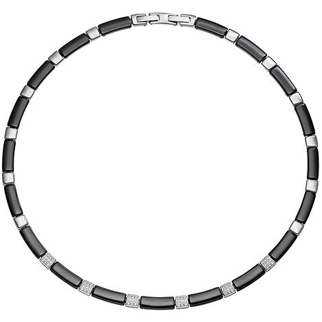Collier Halskette aus schwarzer Keramik mit Edelstahl und Zirkonia 47 cm Kette