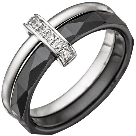 Damen Ring 925 Sterling Silber mit Zirkonia und Keramik schwarz Keramikring