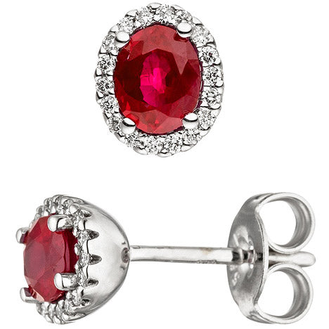 Ohrstecker oval 585 Gold Weißgold 36 Diamanten Brillanten 2 Rubine rot Ohrringe