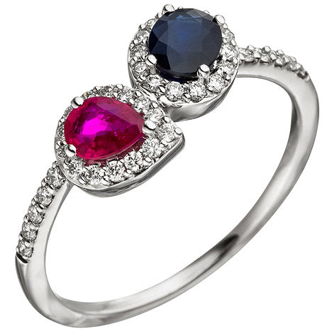 Damen Ring 585 Gold Weißgold 38 Diamanten Brillanten 1 Rubin rot 1 Safir blau