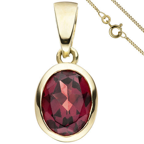 Anhänger oval 333 Gold Gelbgold 1 Granat mit Kette 45 cm Granatanhänger
