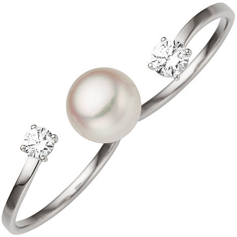 Damen Zweifinger Ring 333 Gold Weißgold 1 Süßwasser Perle 2 Zirkonia Perlenring