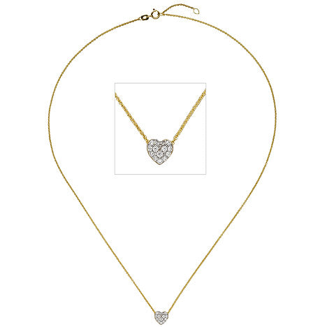 Collier Kette mit Anhänger Herz 375 Gold Gelbgold bicolor 14 Zirkonia 45 cm