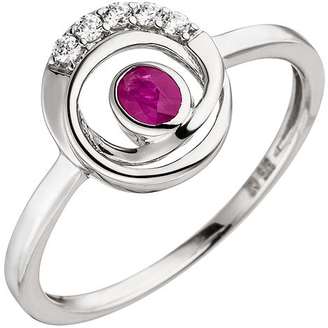 Damen Ring 375 Gold Weißgold 5 Zirkonia 1 Rubin Rubinring Weißgoldring
