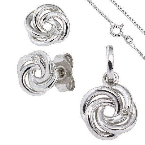 Schmuck-Set Knoten 585 Gold Weißgold 3 Diamanten Ohrringe und Kette 45 cm